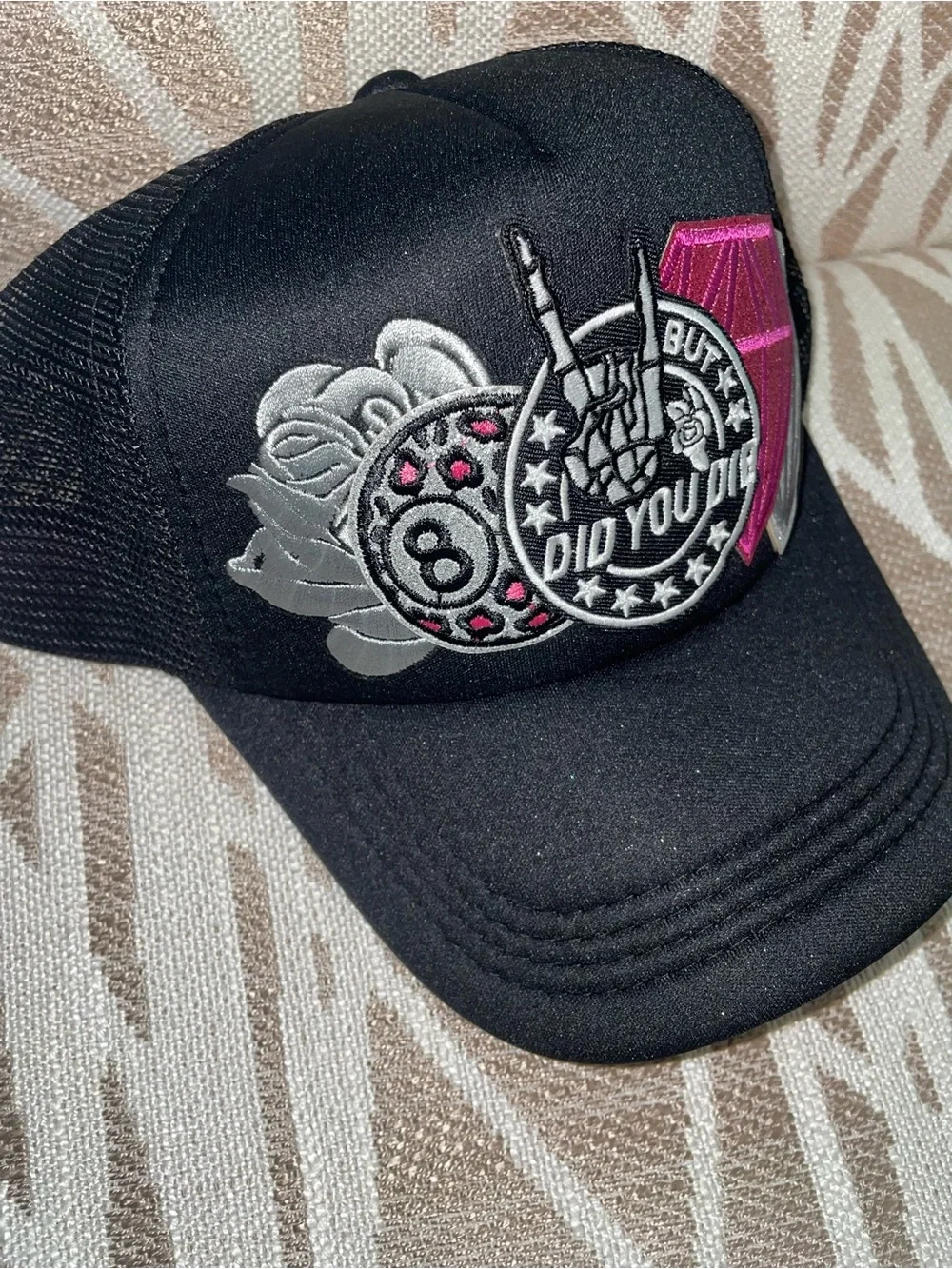 Black Women’s Trucker Hat with Pink Diamond Patch